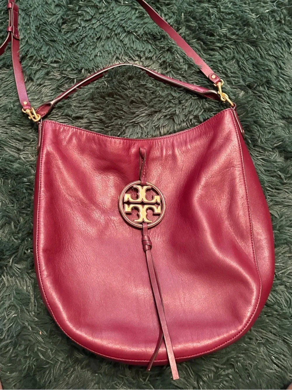 Tory Burch Miller Leather Hobo Bag Port Burgundy Gold Tassel